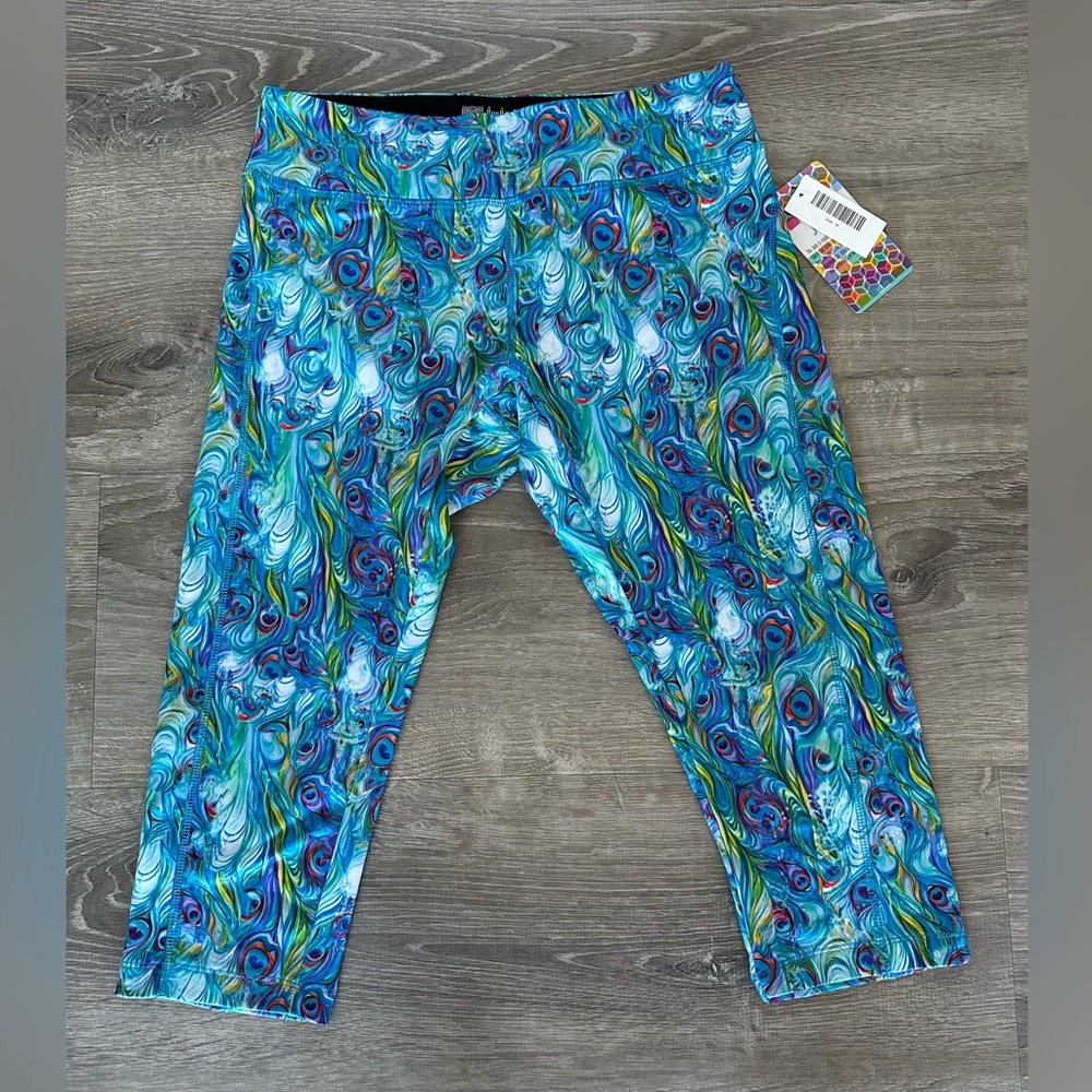 LuLaRoe Jade Leggings with Blue and Green Peacock Design Size Medium New